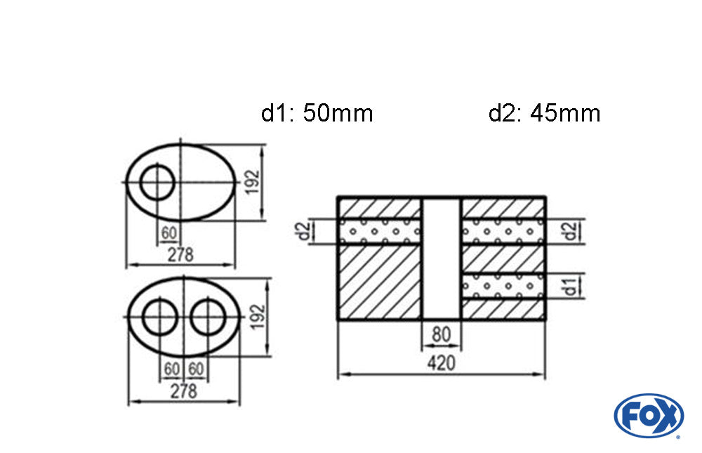 FOX Uni-Schalldämpfer oval zweiflutig mit Kammer - Abw. 754 278x192mm, d1Ø 50mm d2Ø 45mm, Länge: 420mm - Variante 1