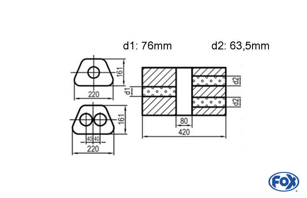 FOX Uni-Schalldämpfer Trapezoid zweiflutig mit Kammer - Abw. 644 220x161mm, d1Ø 76mm d2Ø 63,5mm, Länge: 420mm - Variante 2