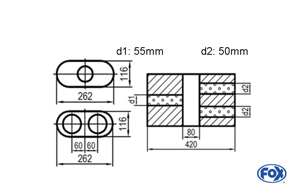 FOX Uni-Schalldämpfer oval zweiflutig mit Kammer - Abw. 650 262x116mm, d1Ø 55mm d2Ø 50mm, Länge: 420mm - Variante 2