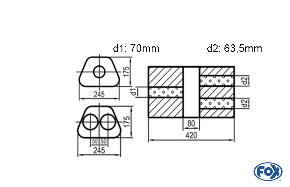 FOX Uni-Schalldämpfer Trapezoid zweiflutig mit Kammer - Abw. 711 245x175mm, d1Ø 70mm d2Ø 60mm, Länge: 420mm - Variante 2