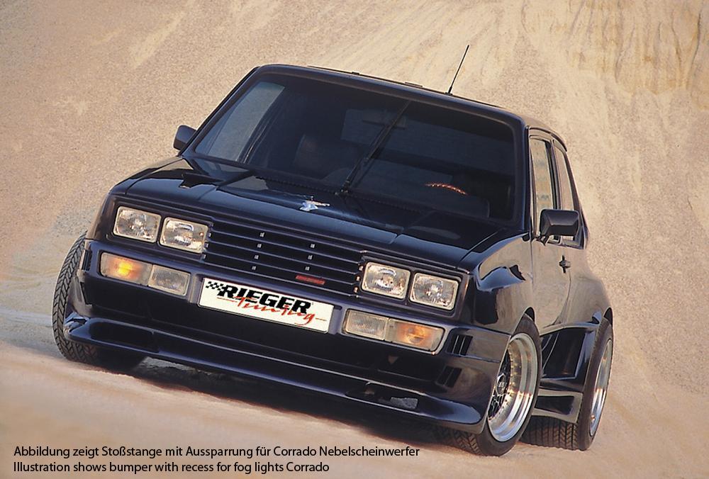 VW Golf 1 Rieger Spoilerstoßstange Breitbau II (Golf 2 Breitbau I) mit Aussparung für NSW, GFK,
Montagezubehör