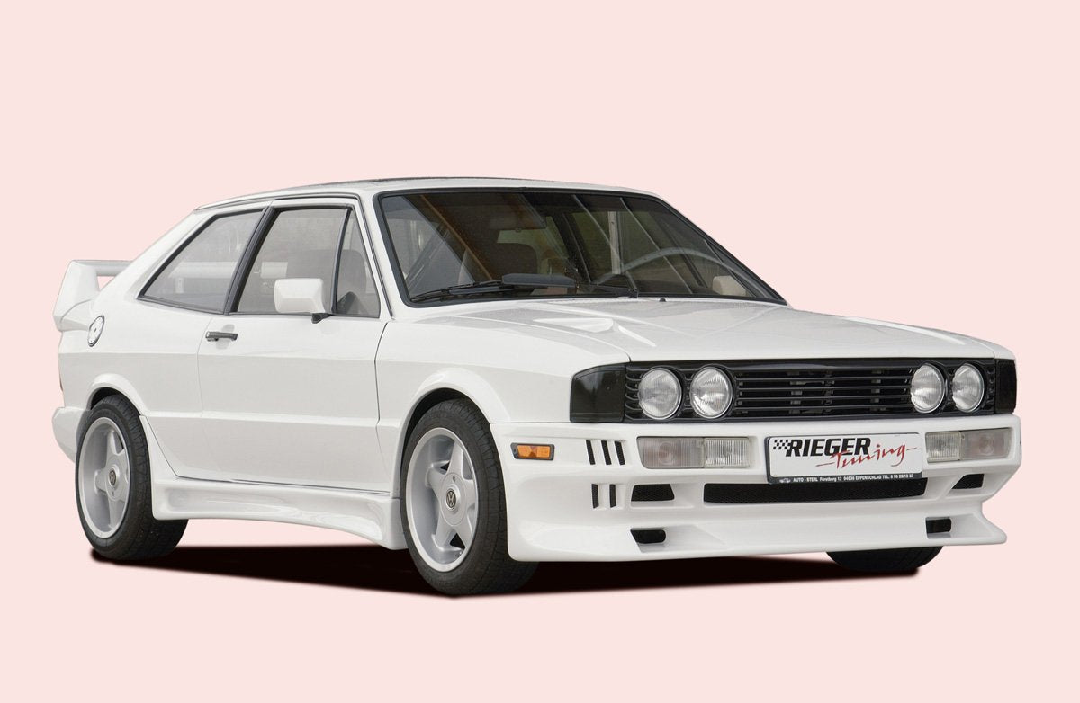 VW Golf 1 Rieger Spoilerstoßstange Breitbau I Golf 1/Scir. 1 auch Breitbau II mit Aussparung für NSW, GFK,
Gutachten, Montagezubehör