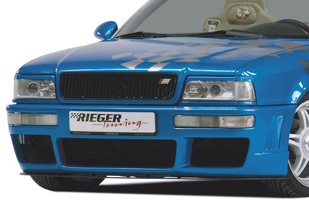 Audi 80 Typ 89 Rieger Spoilerstoßstange -> für Serienblinker, nicht für S2! mit Aussparung für Blinkleuchten, mit Aussparung für NSW, mit seitlichen Rippen, ABS,
inkl. Alugitter, Montagezubehör, ABE