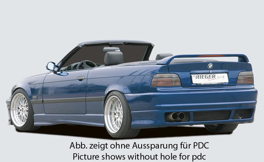 BMW 3er E36 Rieger Heckschürze E46-Look (auch für 4-Rohr-ESD geeignet) ABS, für Fzg. mit Einparkhilfe (PDC),
inkl. Alugitter, Gutachten, Montagezubehör
