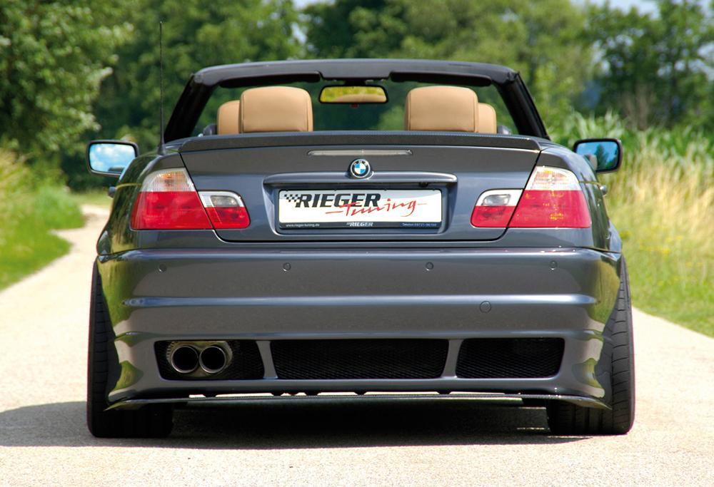 BMW 3er E46 Rieger Heckschürze Cabrio Facelift ABS, für Fzg. mit Einparkhilfe (PDC),
inkl. Alugitter, Gutachten, Montagezubehör