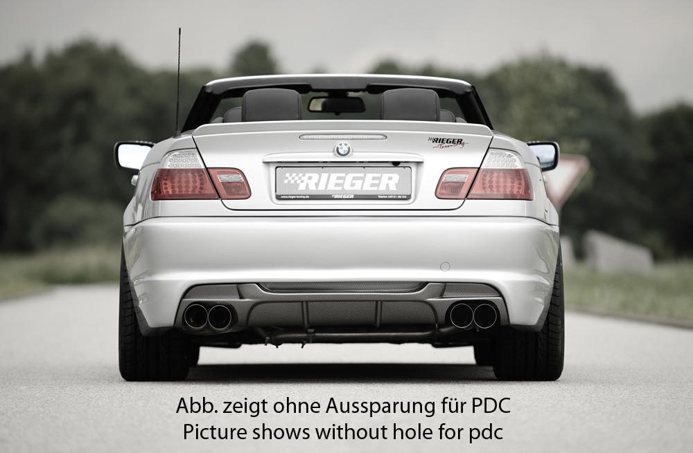 BMW 3er E46 Rieger Heckschürze ohne Heckeinsatz ABS, für Fzg. mit Einparkhilfe (PDC),
inkl. Gutachten, Montagezubehör