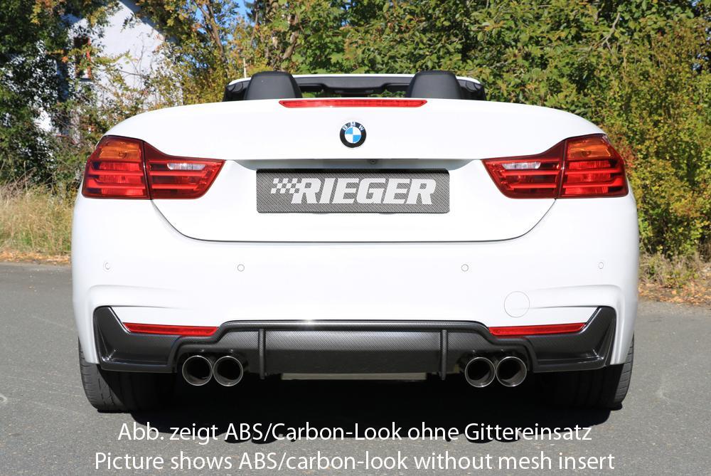 BMW 4er F32 (3C) Rieger Heckeinsatz nur für M-Paket-Heckschürze mit Gittereinsatz li./re., für Doppelendrohr li. u. re. (435i-/440i-Look), (4x80mm ø), ABS, für Fzg. mit M-Technik,
inkl. Alugitter, Montagezubehör, Gutachten