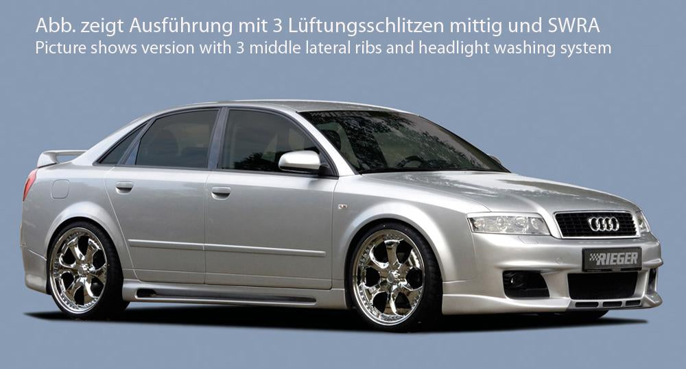 Audi A4 (8E) Typ B6 Rieger Spoilerstoßstange neues Design ohne Waschdüse, ohne PDC und Schlitze ohne Lüftungsschlitze, ABS,
inkl. Alugitter, Montagezubehör, ABE