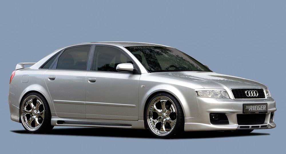 Audi A4 (8E) Typ B6 Rieger Spoilerstoßstange neues Design mit 3 Lüftungsschlitzen mittig, ABS, für Fzg. mit Scheinwerferreinigungsanlage,
inkl. Alugitter, Montagezubehör, ABE