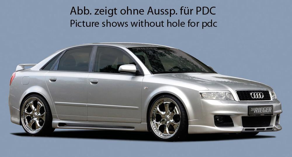 Audi A4 (8E) Typ B6 Rieger Spoilerstoßstange neues Design mit 3 Lüftungsschlitzen mittig, ABS, für Fzg. mit Scheinwerferreinigungsanlage, Einparkhilfe (PDC),
inkl. Alugitter, Montagezubehör, ABE