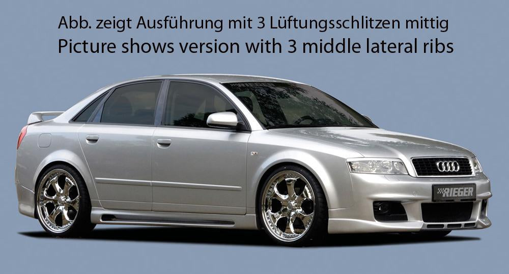 Audi A4 (8E) Typ B6 Rieger Spoilerstoßstange neues Design ohne Lüftungsschlitze, ABS, für Fzg. mit Scheinwerferreinigungsanlage,
inkl. Alugitter, Montagezubehör, ABE