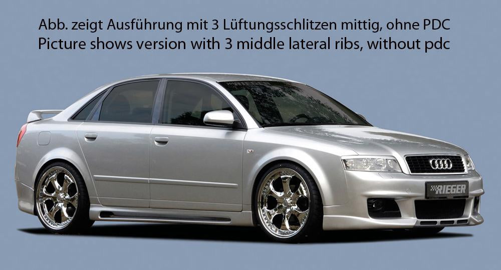 Audi A4 (8E) Typ B6 Rieger Spoilerstoßstange neues Design ohne Lüftungsschlitze, ABS, für Fzg. mit Scheinwerferreinigungsanlage, Einparkhilfe (PDC),
inkl. Alugitter, Montagezubehör, ABE