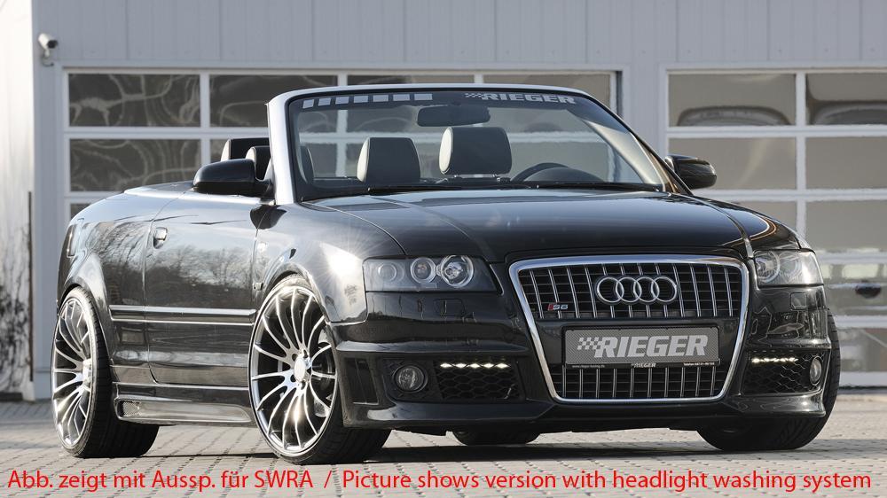 Audi A4 (8H) Rieger Spoilerstoßstange mit seitlichen Lüftungsschlitzen, mit Halter f. orig. NSW, ABS,
inkl. Montagezubehör, ABE