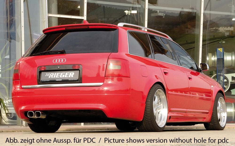 Audi A6 (4B) Rieger Heckansatz S6-Look -> nur bis Bj. 2001 ABS, für Fzg. mit Einparkhilfe (PDC),
inkl. Gutachten, Montagezubehör