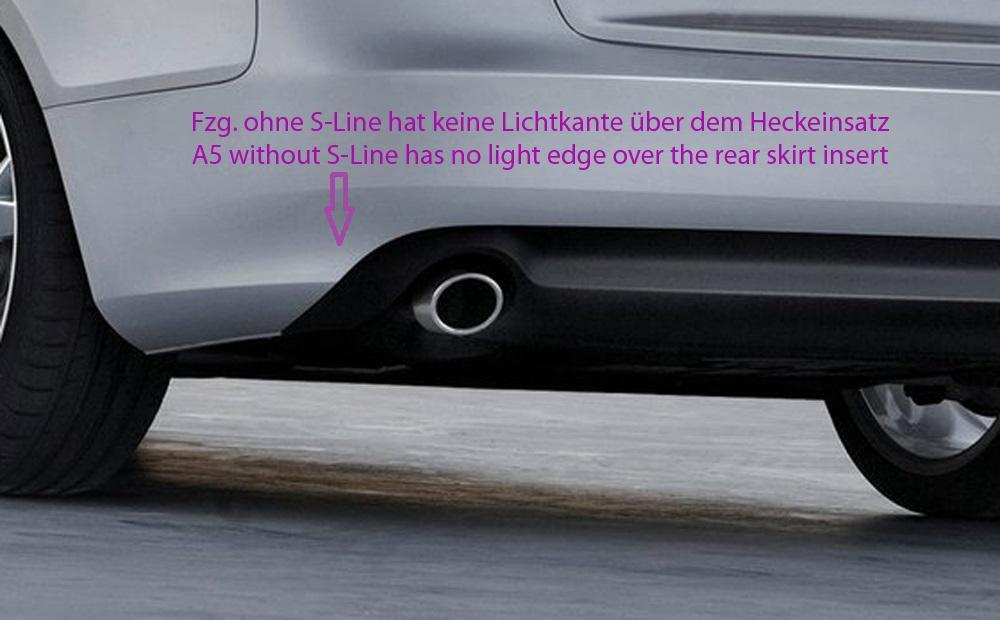 Audi A5 (B8/B81) Rieger Heckeinsatz für orig. Doppelendrohr li, ABS, für Fzg. mit S-Line Exterieur,
inkl. Alugitter, Montagezubehör, Gutachten