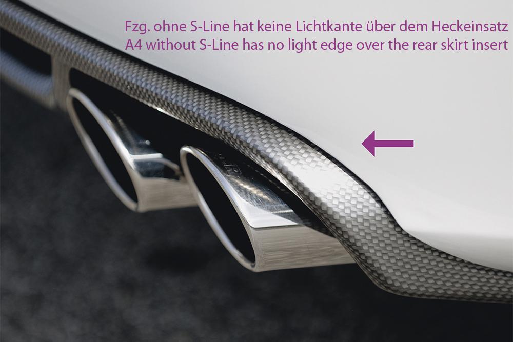 Audi A4 (B8/B81) Rieger Heckeinsatz für Doppelendrohr li. u. re., (4x115x85mm oval), ABS, für Fzg. mit S-Line Exterieur,
inkl. Montagezubehör, Alugitter