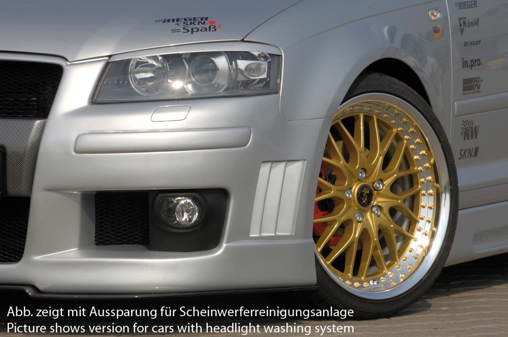 Audi A3 (8P) Rieger Spoilerstoßstange mit Halter f. orig. NSW, mit Abdeckkappen f. orig. NSW, mit integr. Kühlergrilleinfassung, mit seitlichen Rippen, ABS,
inkl. Alugitter, Montagezubehör, ABE