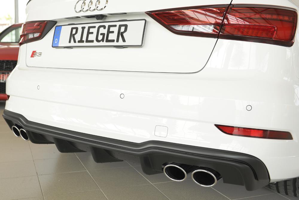 Audi A3 S3 (8V) Rieger Heckeinsatz nur S3 (8V) Limousine / Cabrio für orig. Doppelendrohr li u. re, (4x90x72mm oval), ABS, für Fzg. mit S-Line Exterieur,
inkl. Montagezubehör, Gutachten