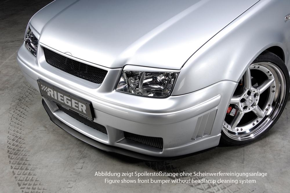 VW Bora (1J) Rieger Spoilerstoßstange RS-Four-Look mit Halbmond für Motorhaube mit integr. Kühlergrill, mit seitlichen Rippen, ABS, für Fzg. mit Scheinwerferreinigungsanlage,
inkl. Alugitter, Montagezubehör, ABE