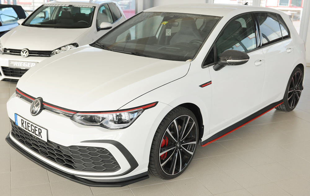VW Golf 8 GTD Rieger Spoilerschwert nur für GTI / GTD / GTE für orig. Frontschürze, ABS,
inkl. Montagezubehör, ABE