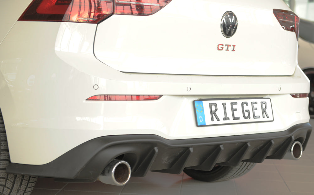 VW Golf 8 GTI Rieger Heckeinsatz für orig. Endrohr li. u. re., (95mm ø), ABS,
inkl. Montagezubehör, Gutachten