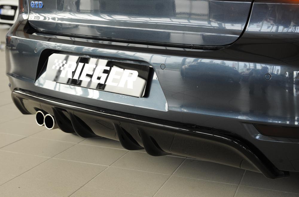 VW Golf 6 Rieger Heckeinsatz mit 2 Doppelfinnen für orig. Doppelendrohr li, ABS, schwarz glänzend,
inkl. Montagezubehör, Gutachten