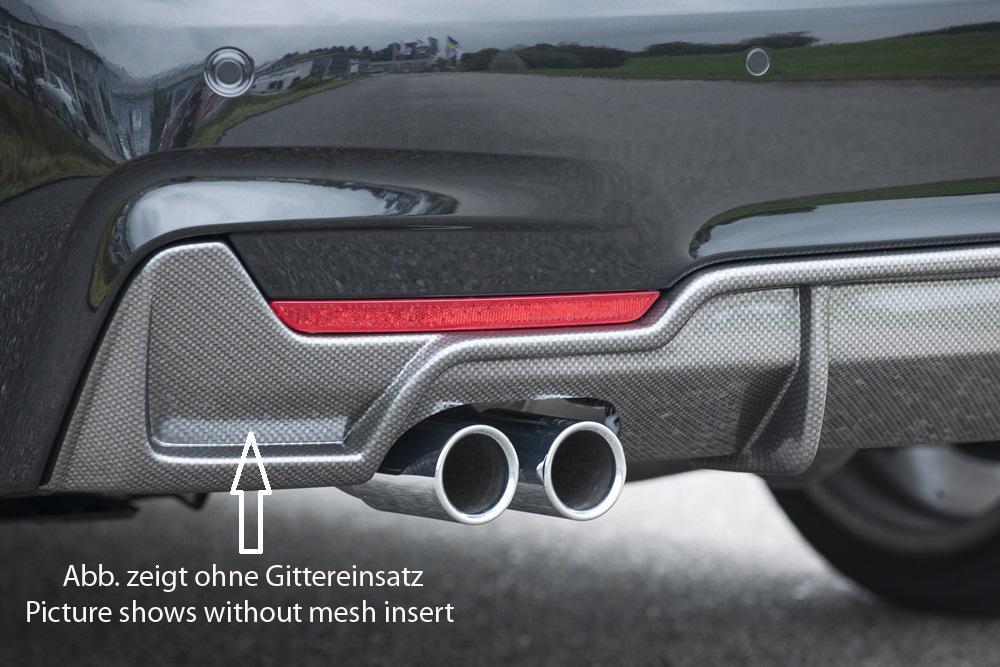 BMW 4er F32 (3C) Rieger Heckeinsatz nur für M-Paket-Heckschürze mit Gittereinsatz li./re., für orig. Endrohr li., ABS, schwarz glänzend, für Fzg. mit M-Technik,
inkl. Alugitter, Montagezubehör, Gutachten