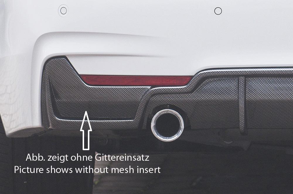 BMW 4er F32 (3C) Rieger Heckeinsatz (nur 435i) nur für M-Paket-Heckschürze mit Gittereinsatz li./re., für orig. Endrohr li. u. re. (435i-/440i-Look), ABS, schwarz glänzend, für Fzg. mit M-Technik,
inkl. Alugitter, Montagezubehör, Gutachten