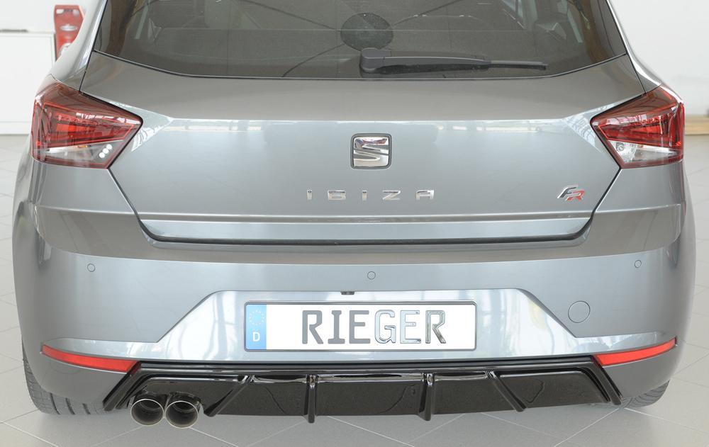 Seat Ibiza (KJ) Rieger Heckeinsatz mit Endrohraussparung für Sport-ESD links für Sportendrohr li., (2x76mm ø), ABS, schwarz glänzend,
inkl. Montagezubehör, Gutachten