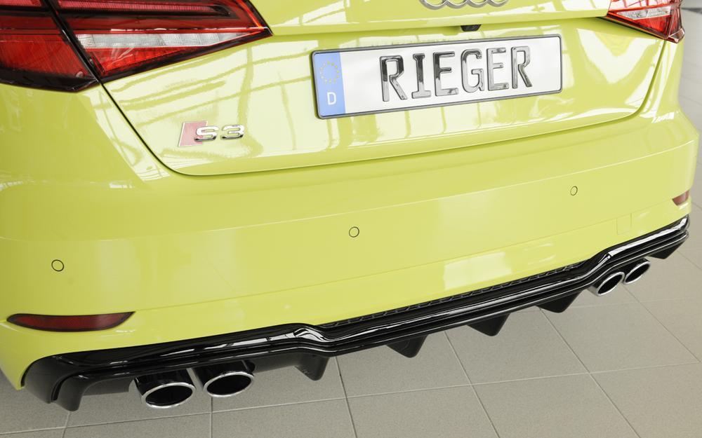 Audi A3 S3 (8V) Rieger Heckeinsatz nur S3 (8V) Schrägheck / Sportback für orig. Doppelendrohr li u. re, (4x90x72mm oval), ABS, schwarz glänzend, für Fzg. mit S-Line Exterieur,
inkl. Montagezubehör, Gutachten