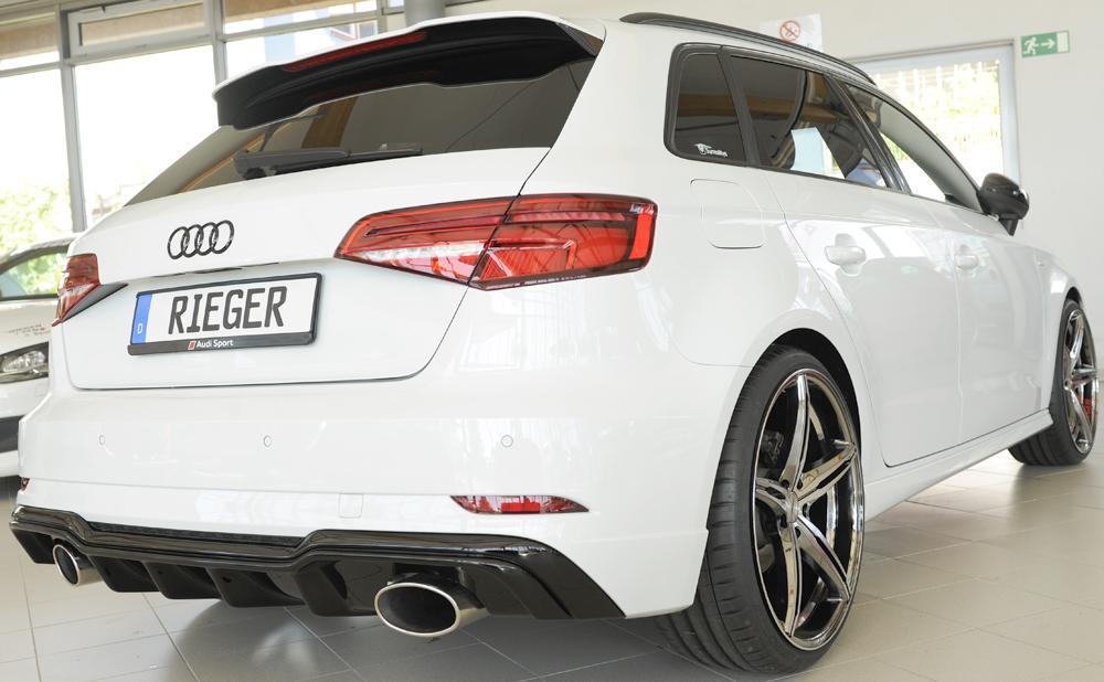 Audi A3 (8V) Rieger Heckeinsatz für Sportendrohr li. u. re., (152x95mm oval), ABS, schwarz glänzend, für Fzg. mit S-Line Exterieur,
inkl. Montagezubehör, Gutachten