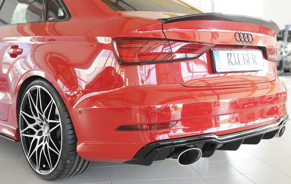 Audi A3 (8V) Rieger Heckeinsatz für Sportendrohr li. u. re., (152x95mm oval), ABS, schwarz glänzend, für Fzg. mit S-Line Exterieur,
inkl. Montagezubehör, Gutachten