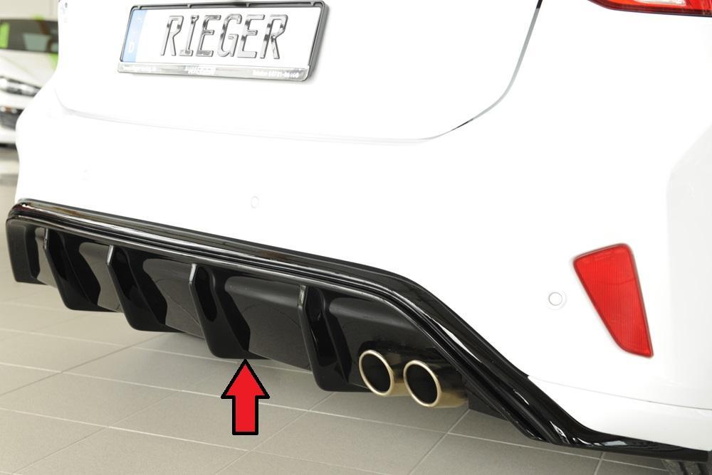 Ford Focus 4 (DEH) Rieger Heckeinsatz für orig. Doppelendrohr re., (2x70mm ø), ABS, schwarz glänzend, für Fzg. mit ST-Line,
inkl. Montagezubehör, Gutachten