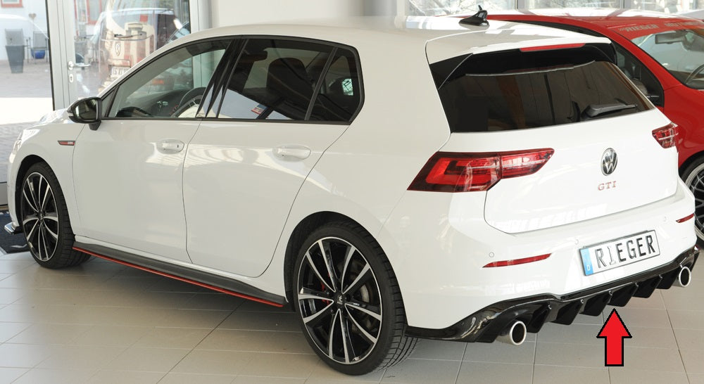 VW Golf 8 GTI Rieger Heckeinsatz für orig. Endrohr li. u. re., (95mm ø), ABS, schwarz glänzend,
inkl. Montagezubehör, Gut...