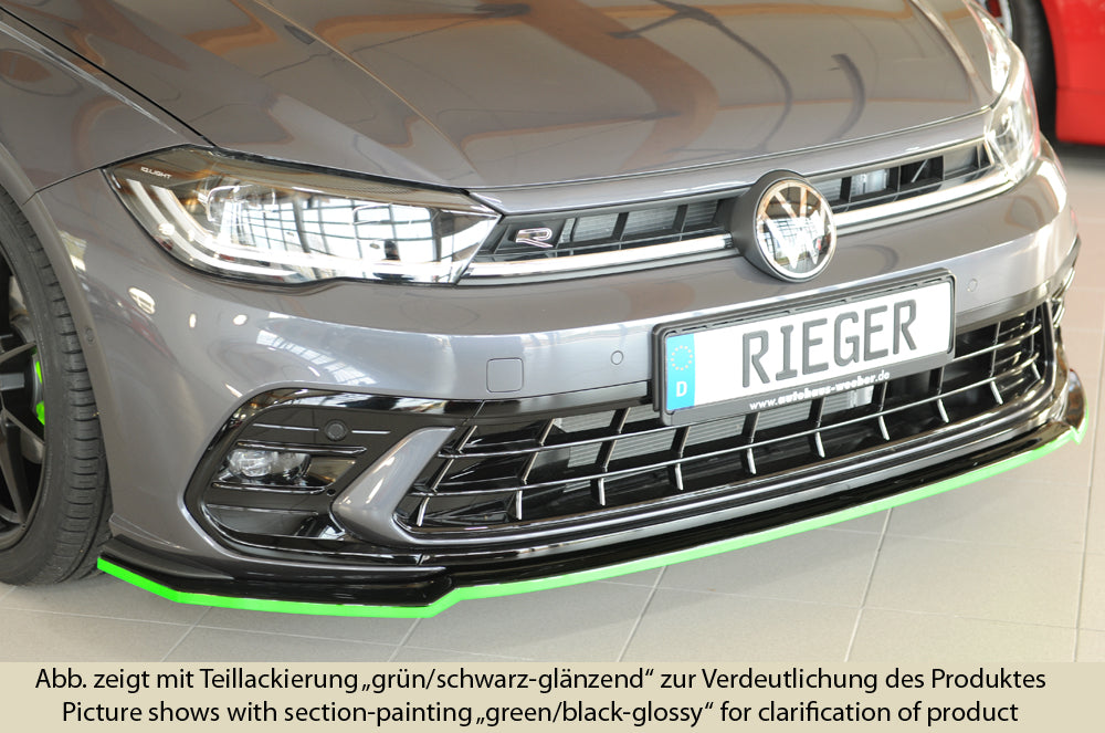 VW Polo (AW) R-Line Rieger Spoilerschwert für orig. Frontschürze, ABS, schwarz glänzend, 
inkl. Montagezubehör, ABE
