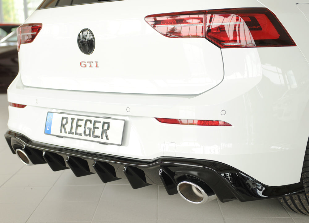 VW Golf 8 GTI Clubsport Rieger Heckeinsatz für orig. Endrohr li. u. re., (130x115mm oval), ABS, schwarz glänzend,
inkl. M...