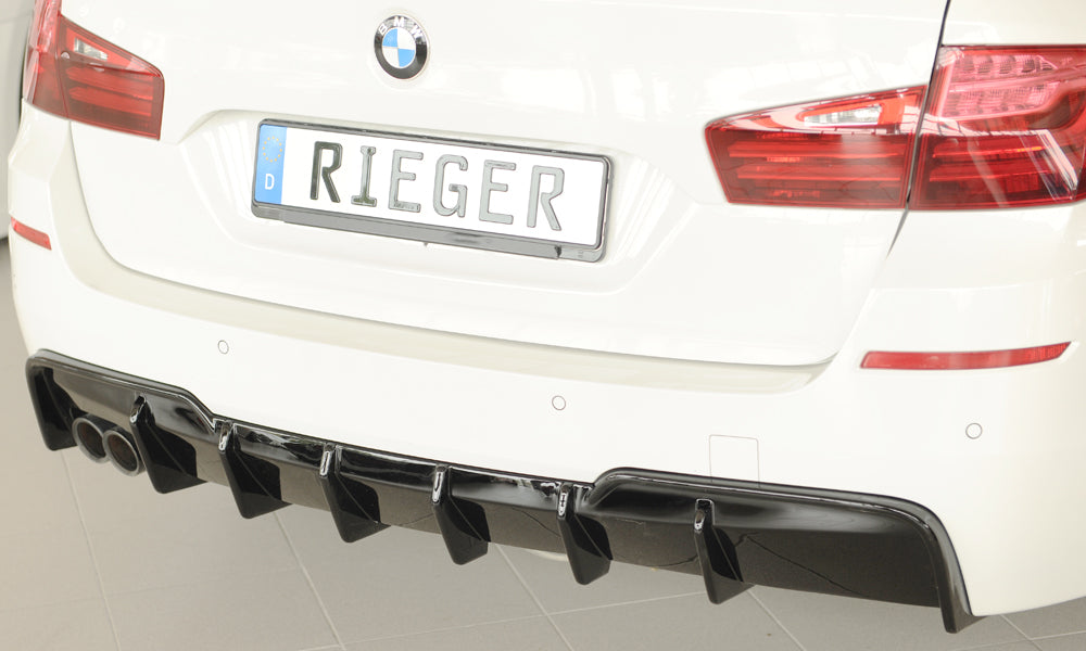 BMW 5er F11 (5K) Rieger Heckeinsatz (für Fzg. mit AHK) für orig. Doppelendrohr li, (2x76mm ø), ABS, schwarz glänzend, für...