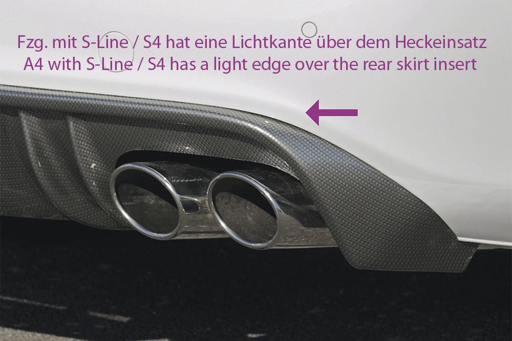 Audi A4 (B8/B81) Rieger Heckschürzenansatz für orig. Endrohr li. u. re., ABS, Carbon-Look, für Fzg. ohne S-Line Exterieur,
inkl. Alugitter, Montagezubehör, Gutachten