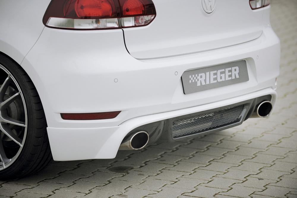 VW Golf 6 GTD Rieger Heckschürzenansatz für Sportendrohr li. u. re., (145x90mm oval), für Doppelendrohr li. u. re., ABS, Carbon-Look,
inkl. Alugitter, Montagezubehör, Gutachten
