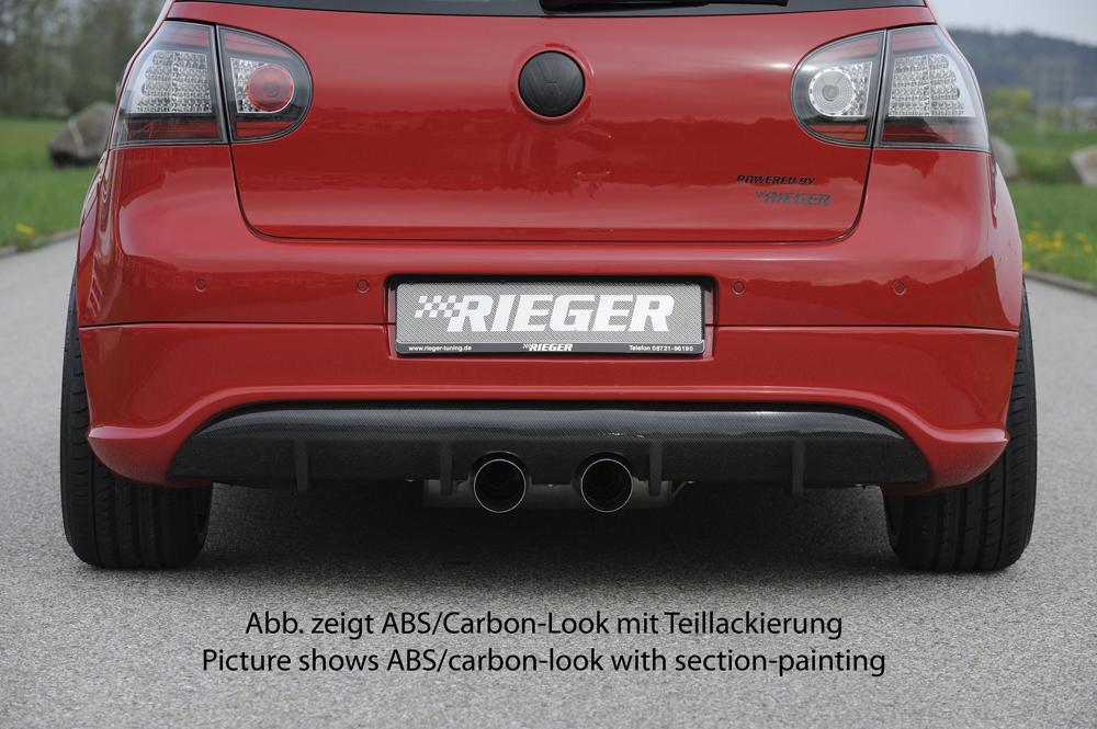 VW Golf 5 Rieger Heckschürzenansatz R-Look (Golf 5 u. Golf 5 GTI) für Doppelendrohr mittig, ABS, Carbon-Look,
inkl. Montagezubehör, Gutachten