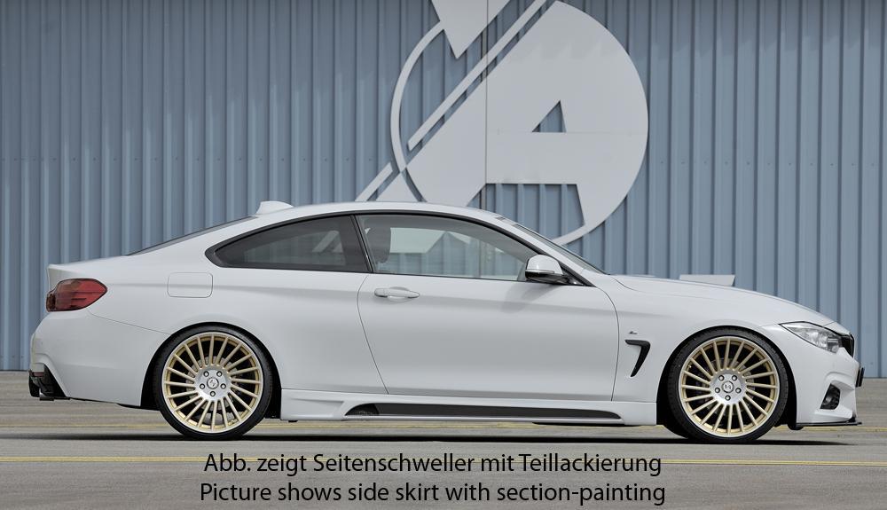 BMW 4er F32 (3C) Rieger Seitenschweller links, mit Schacht, mit Ausschnitt, ABS, Carbon-Look,
inkl. Montagezubehör, Alugitter, Gutachten