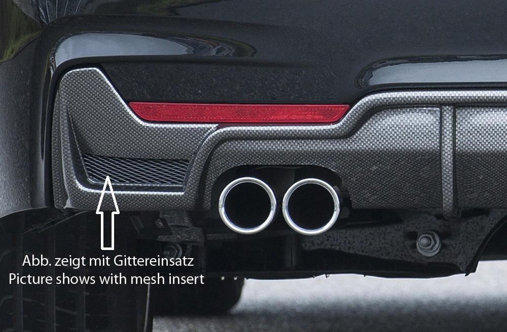 BMW 4er F32 (3C) Rieger Heckeinsatz nur für M-Paket-Heckschürze mit Gittereinsatz li./re., für orig. Doppelendrohr li, ABS, Carbon-Look, für Fzg. mit M-Technik,
inkl. Alugitter, Montagezubehör, Gutachten