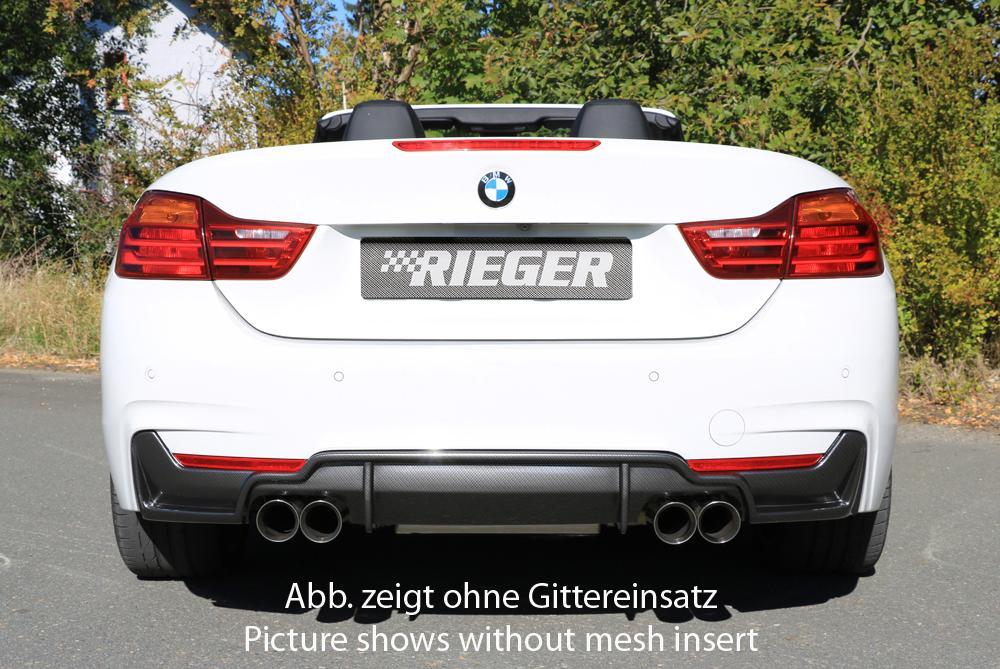 BMW 4er F32 (3C) Rieger Heckeinsatz nur für M-Paket-Heckschürze mit Gittereinsatz li./re., für Doppelendrohr li. u. re. (435i-/440i-Look), (4x80mm ø), ABS, Carbon-Look, für Fzg. mit M-Technik,
inkl. Alugitter, Montagezubehör, Gutachten