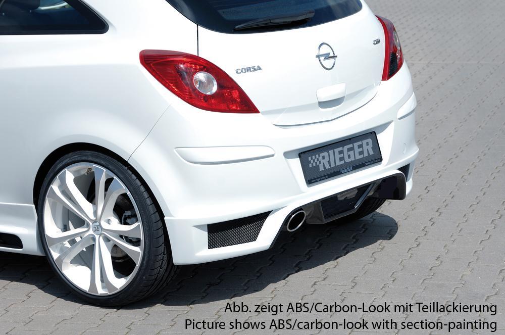 Opel Corsa D Rieger Heckschürzenansatz für Endrohr li., ABS, Carbon-Look,
inkl. Montagezubehör, Alugitter