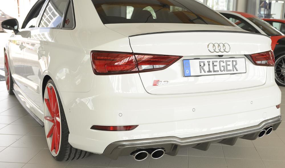 Audi A3 S3 (8V) Rieger Heckeinsatz nur S3 (8V) Limousine / Cabrio für orig. Doppelendrohr li u. re, (4x90x72mm oval), ABS, Carbon-Look, für Fzg. mit S-Line Exterieur,
inkl. Montagezubehör, Gutachten
