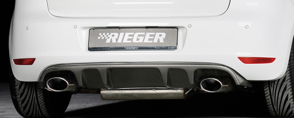 VW Golf 6 GTD Rieger Heckeinsatz mit 2 Doppelfinnen für Sportendrohr li. u. re., (145x90mm oval), ABS, Carbon-Look,
inkl. Montagezubehör, Gutachten