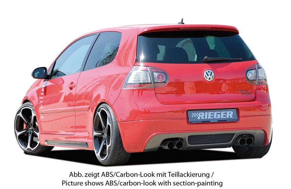 VW Golf 5 Rieger Heckansatz für Golf 5 und Golf 5 GTI für Doppelendrohr li. u. re., ABS, Carbon-Look,
inkl. Alugitter, Gutachten, Montagezubehör