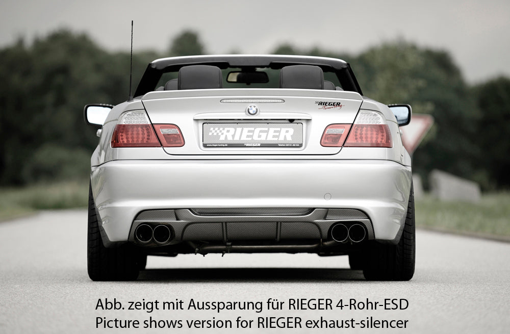 BMW 3er E46 Rieger Heckeinsatz für Doppelendrohr li., ABS, Carbon-Look,
inkl. Gutachten, Montagezubehör