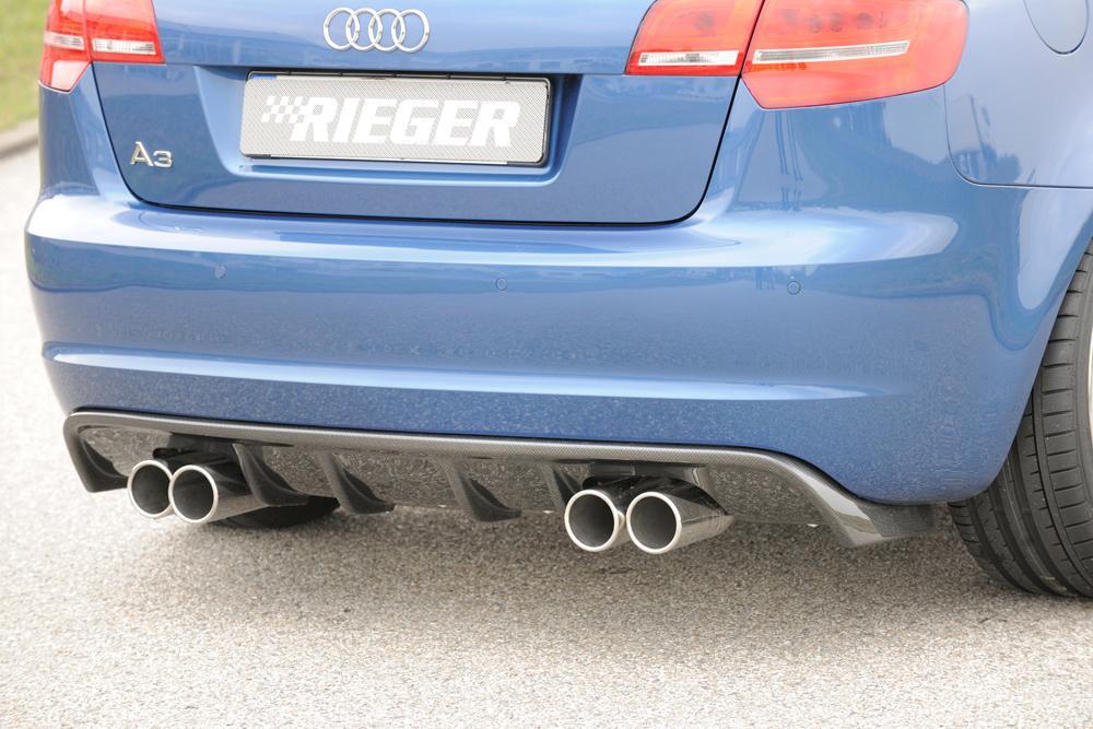 Audi A3 (8P) Rieger Heckeinsatz für Doppelendrohr li. u. re., (4x76mm ø), ABS, Carbon-Look, für Fzg. mit S-Line Exterieur und ohne S-Line Exterieur,
inkl. Montagezubehör, Gutachten