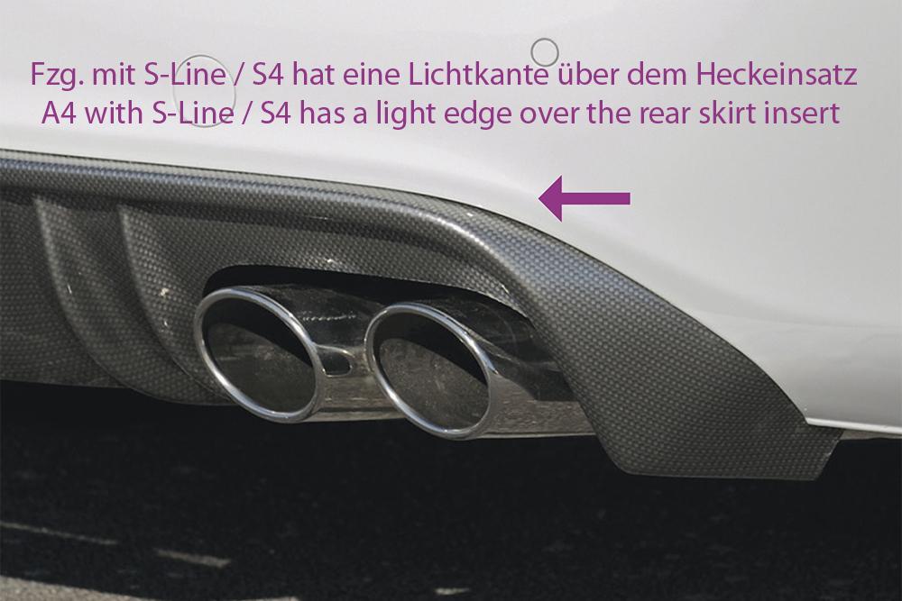 Audi A4 (B8/B81) Rieger Heckeinsatz für orig. Endrohr li. u. re., ABS, Carbon-Look, für Fzg. ohne S-Line Exterieur,
inkl. Alugitter, Montagezubehör, Gutachten